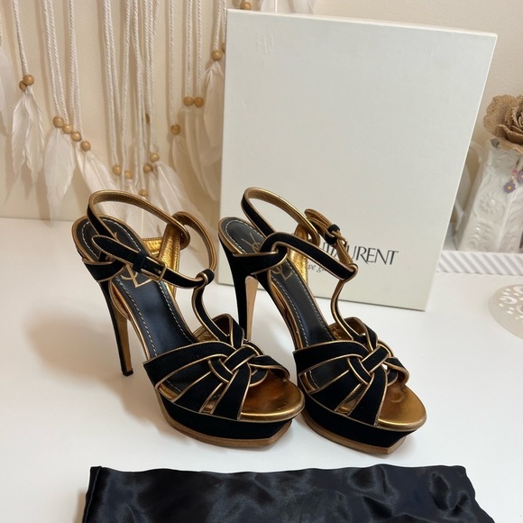 Yves Saint Laurent YSL Suede Black Gold Cutout Accent T-Strap Sandals - Picture 1 of 13